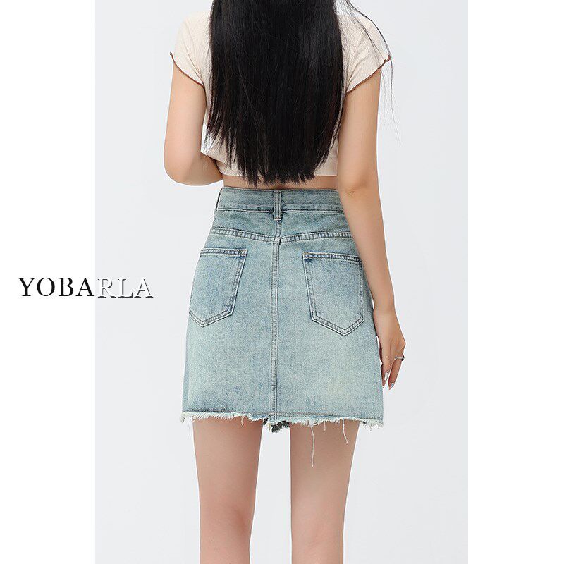 浅蓝色牛仔半身裙女夏季高腰大码胖mm显瘦梨形身材遮跨a字短裙子