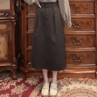 一生罗曼复古港风A字半身裙女春秋季高腰显瘦中长款休闲气质裙子