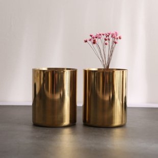 北欧金色圆形笔筒办公用品黄铜色插花器桌面多功能收纳置物筒