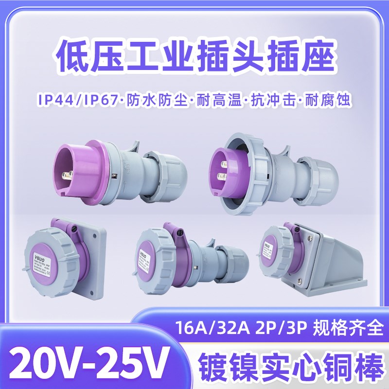 欧标低压两芯20-25V工业插头2P三芯16A32A防水连接器暗装插座629a