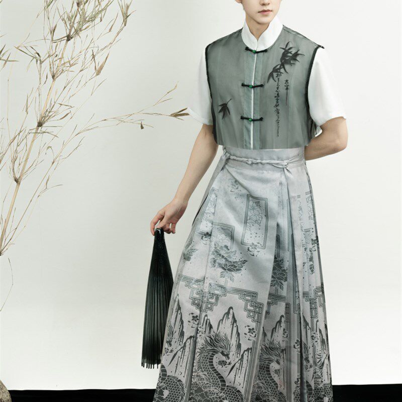 昭华赋汉服男装中国风新中式男款立领短袖上衣织金马面裙