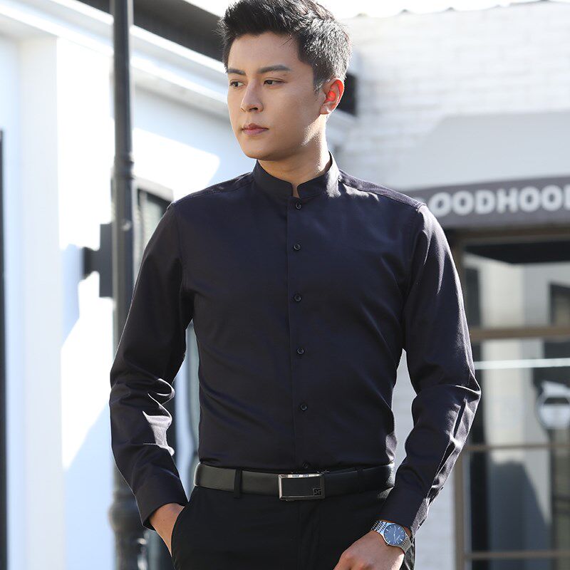 中华立领衬衫男长袖纯棉中年黑色商务免烫中山领休闲男士圆领衬衣