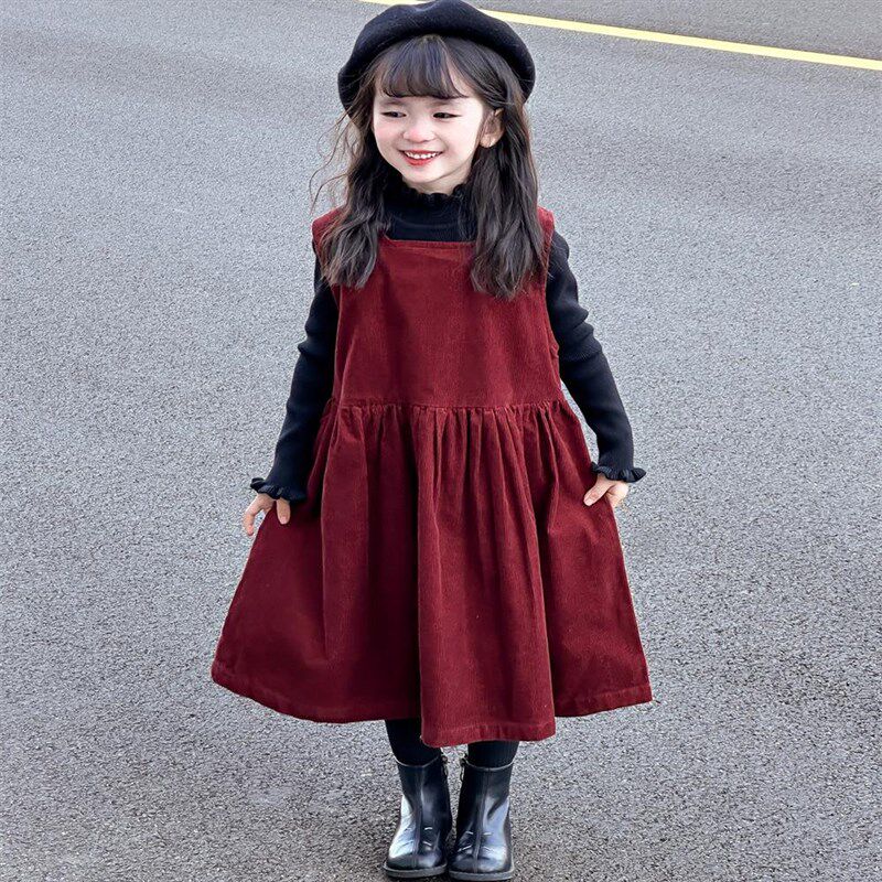 2025新款春秋装女童公主背心裙连衣裙红色灯芯绒裙子娃娃裙3-8岁