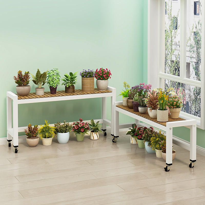 阳台花架2024新款长条凳移动带轮加宽植物花架子客厅落地式置物架