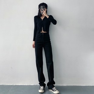 高腰显瘦黑色直筒加绒牛仔裤女175高个子加长版拖地窄版阔腿裤子
