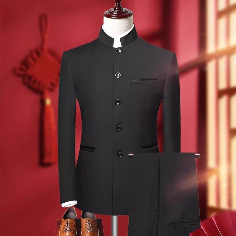 中山装套装男士正装中华立领西服男中式结婚礼服表演出中国风西装