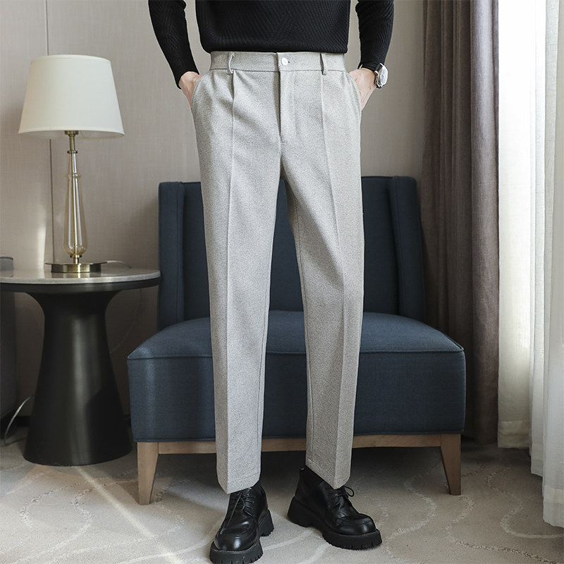 秋冬毛呢休闲裤加厚直筒长裤男士修身九分西裤轻熟风中高腰西装裤
