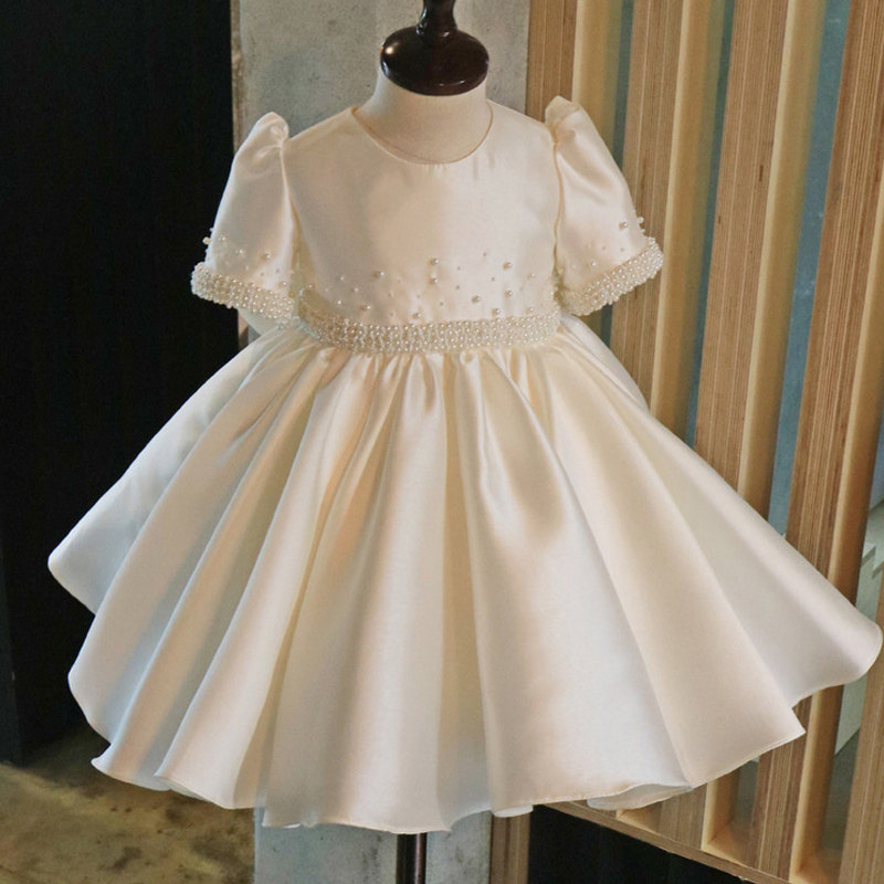 儿童缎面礼服女花童婚礼小女孩生日公主裙高级女童走秀钢琴演出服