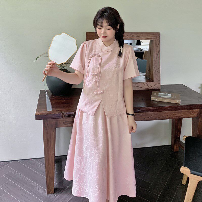夏季新品大码女装胖mm时尚新中式国风提花旗袍上衣半身裙套装女