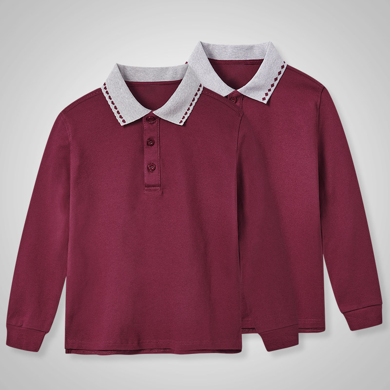 中小学生枣红POLO衫秋装男童酒红色T恤校服儿童长袖春秋薄款女童
