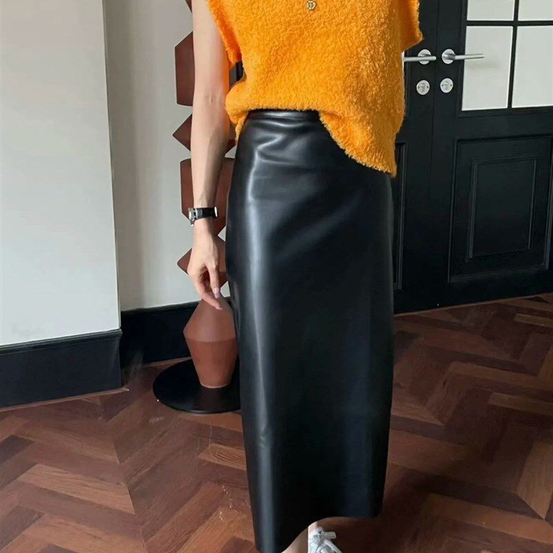 秋冬黑色高腰半身皮裙女中长款后开叉过膝直筒职业包臀裙一步长裙