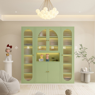 奶油风铁艺书柜玻璃门置物柜收纳柜儿童落地柜靠墙书架客厅展示柜