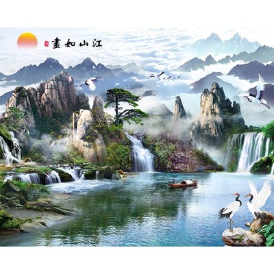 高清晰横版江山如画迎客松流水生财仙鹤风景山水背景墙壁装饰贴画