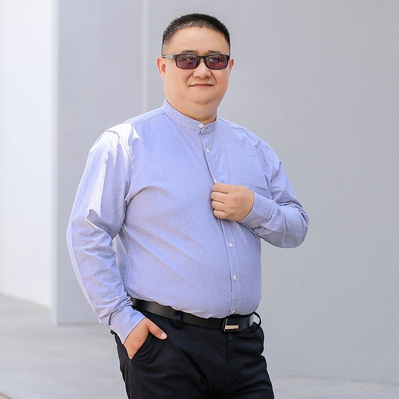 中老年人大肚爸爸长袖纯棉立领衬衫男加肥加大码胖子佬休闲衬衣秋
