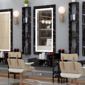 理发镜台挂墙实木发廊柜子一体美发店单面剪发镜加LED灯大理石台