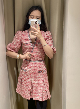 法单M家2022春夏陈瑜同款小香风粗花呢V领收腰法式连衣裙RO02155