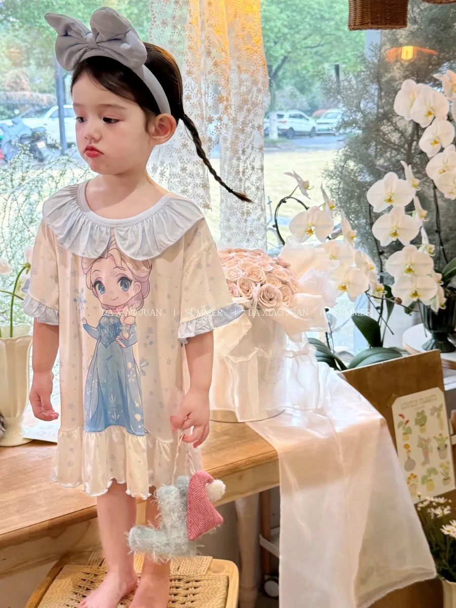 大小卷 hey honey 儿童夏季花边女童短袖家居服莱赛尔睡衣连衣裙
