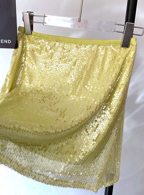 欧美ins博主款时髦黄色亮片反光半身裙夜店风辣妹亮闪闪短裙A字裙
