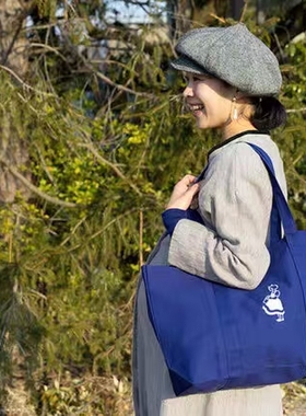 预 日本 Irma 女孩刺绣logo蓝色帆布包单肩包托特包环保袋：