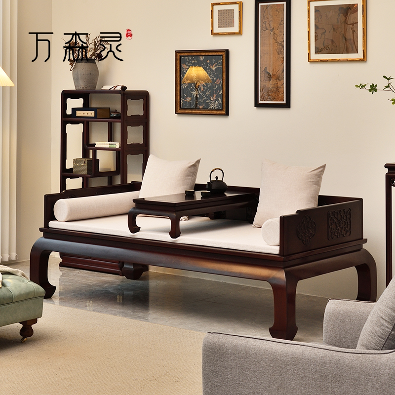 万森灵【螭龙罗汉床】新中式实木沙发床三件套组合客厅贵妃榻禅意