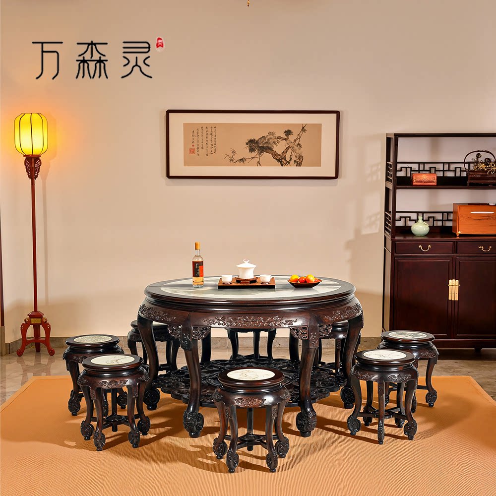 万森灵红木家具黑檀大理石福寿拼圆桌餐桌凳组合中式餐厅仿古圆台