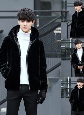 仿水貂外套男冬纯色加棉仿貂毛皮草外套休闲宽松仿貂皮大衣棉衣潮