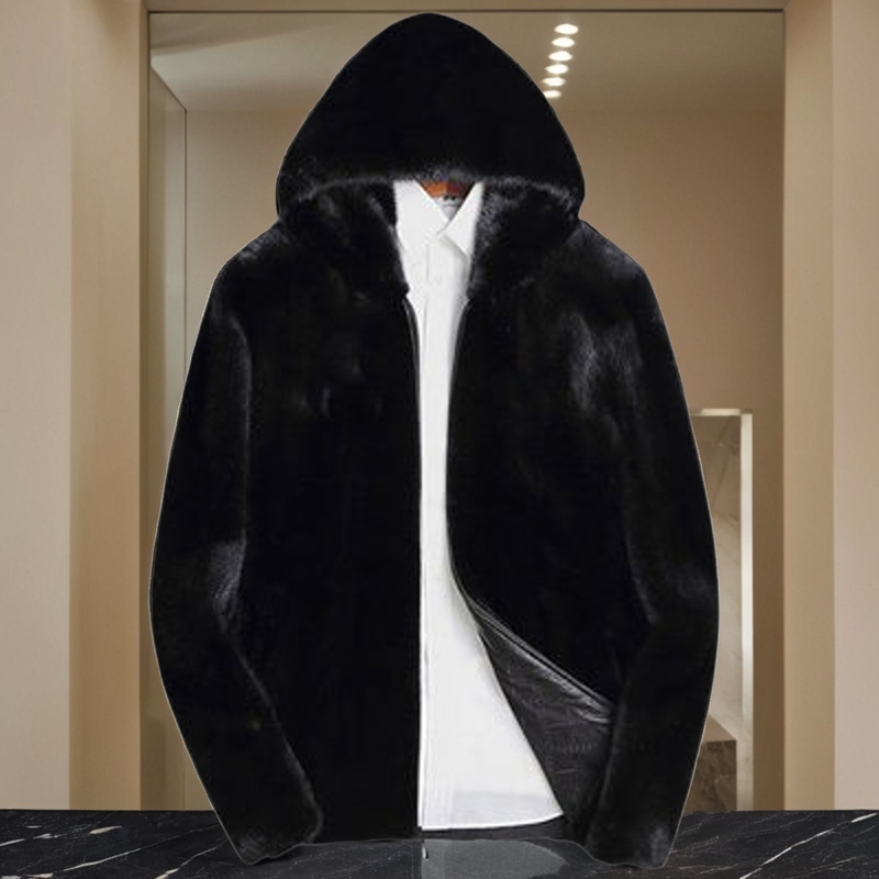 冬季仿皮草水貂皮连帽立翻领大衣