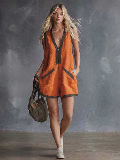 V-Neck Sleeveless Women's Jumpsuit Shorts