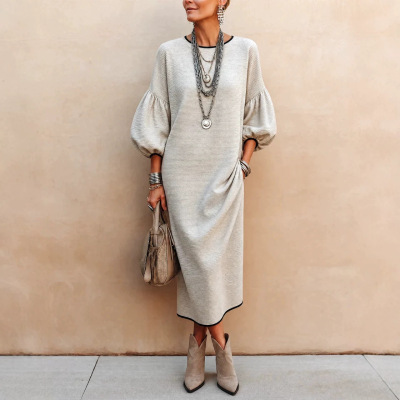Round neck lantern long sleeved dress  圆领灯笼长袖连衣裙