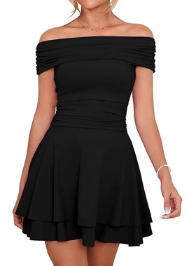 Shoulderless pleated dress formal attire露肩褶皱连衣裙礼服女