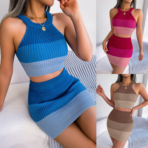 露脐上衣短裙套装女   Women's Crop Top and Short Skirt Set