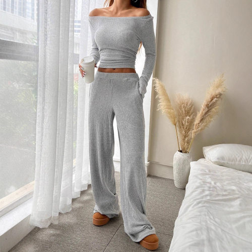 Boat collar top wide leg pants set   船领上衣阔腿裤套装女