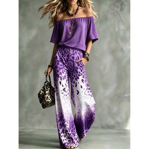 One collar top and wide leg pants set一字领上衣阔腿裤套装