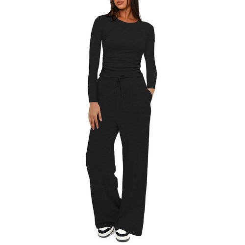纯色长袖长裤套装女Solid color long sleeved pants setforwomen
