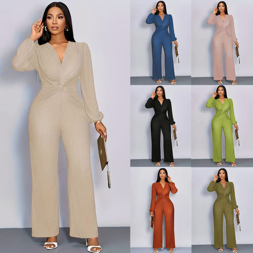 褶皱长袖女士连体裤  Women's pleated long sleeved jumpsuit