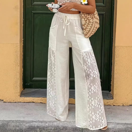 纯色休闲蕾丝拼接长裤Solid color casual lace patchwork pants