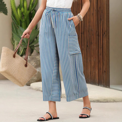 Striped drawstring straight-legpantsforwomen条纹抽绳直筒长裤