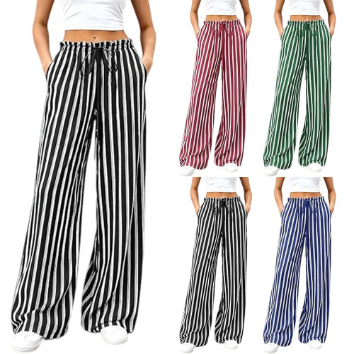条纹抽绳休闲长裤女Striped drawstring casual pants for women