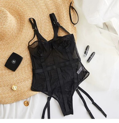 网纱连体衣镂空吊袜带塑身衣