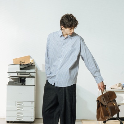 UTIMUS蓝绿竖条纹衬衫长袖混纺衬衣夹克外套高智风职场通勤