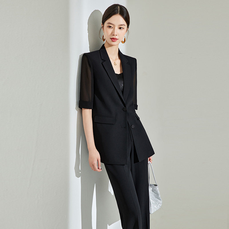 高级感休闲西装套装女2026夏季个性原创设计黑色网格拼接通勤套装