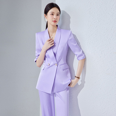 2025夏季新款通勤套装女淡紫色短袖西装上衣微喇裤套服高级温柔薄
