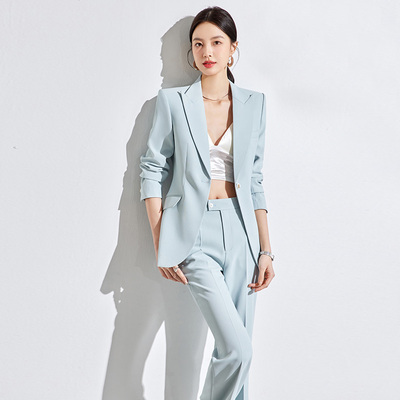 西装两件套清新百搭上衣冰河蓝色外套裤子套装女早秋新款高级精致