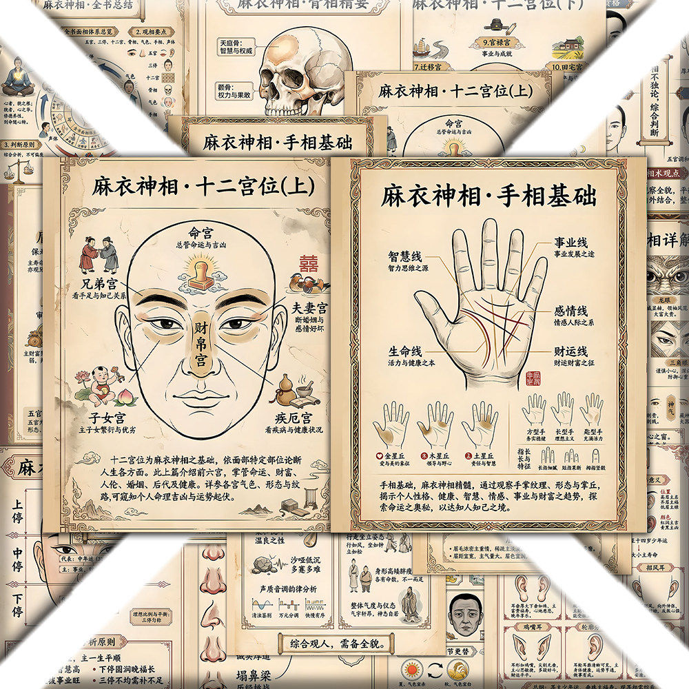 麻衣神相十二宫面相学圣经图解相由心生命理学五官分析相学贴画