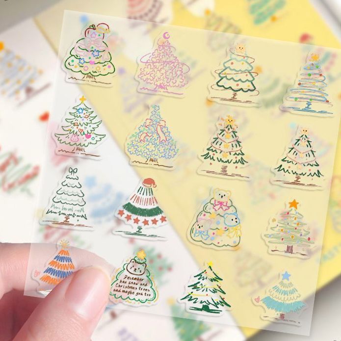 升级 透明款】186张彩色手绘圣诞树贴纸圣诞节氛围防水装饰贴画