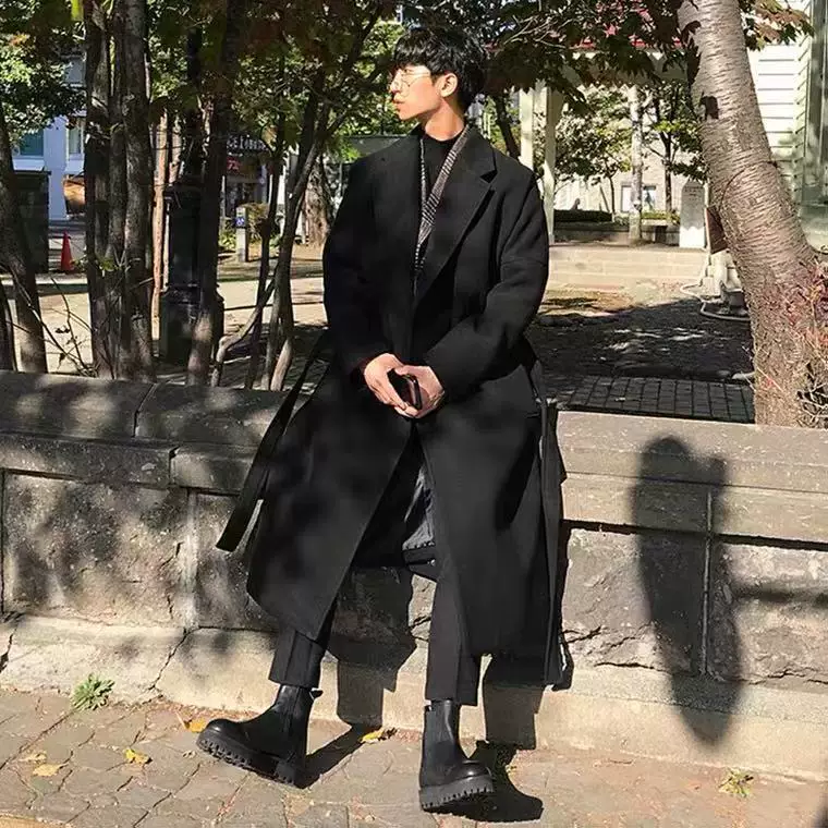 Men's demi-season trench coat, long woolen coat, Korean style, mid-length, plus size