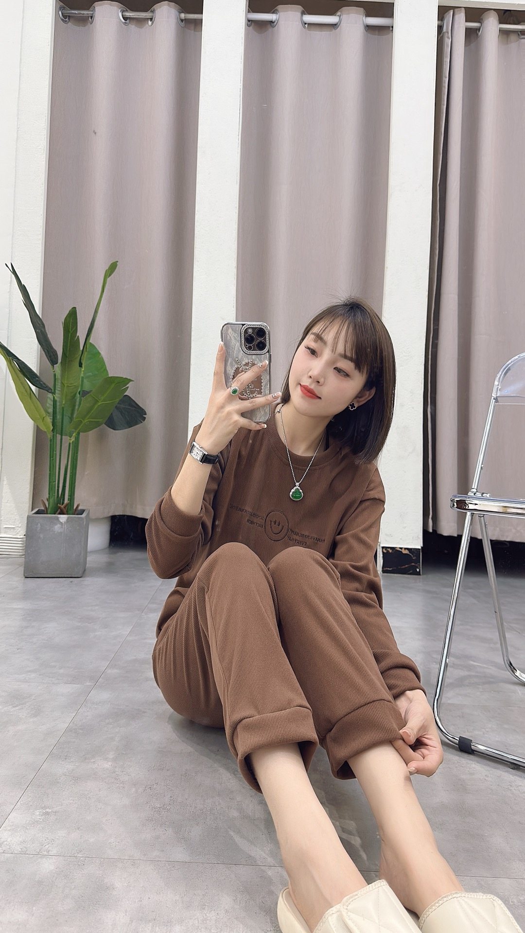 笑脸雪妮绒睡衣套装双面磨毛棉