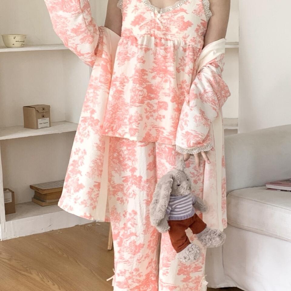 莫奈花园水墨秘境三件套春夏睡衣