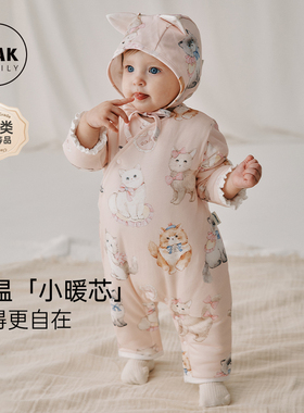 Oak Family冬季婴幼儿斜襟连体衣荷叶边夹棉加厚宝宝爬服纯棉衣服