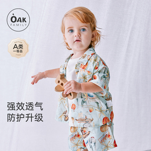 夏季 套装 棉纱布女宝宝亲子空调睡衣 Family男童家居服分体短袖 Oak